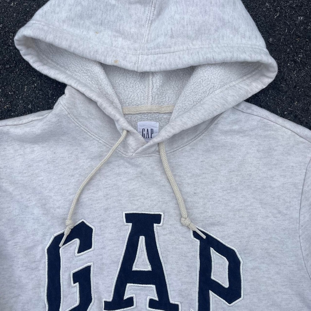 Vintage 90s GAP Arch Logo Hoodie Gray White Embroidered Spell Out Size M